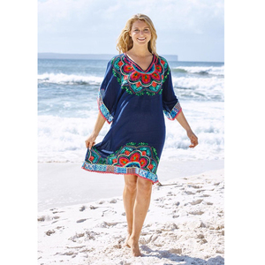 Robe Tunique Bohème Été Frais à Broderie Florale, Coupe Trapèze, Bleu Vibrant, Cache-Maillot de Bain, Décoration Dentelle, Col en V, Coupe Décontractée, Plage et Soleil - Product Image 1