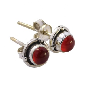2025 Natural Carnelian Solid 925 <b>Sterling</b> <b>Silver</b> <b>Stud</b> <b>Earring</b> Round Shape Bezel Set Gemstone Jewelry Rhodium Plated For Gift Her - Product Image 1
