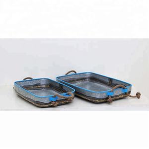 Galvanised Steel Hot Selling <b>Metal</b> Rectangle Natural and Rustic Look Enamel Serving Tray with Sturdy Jute Rope Handle Set - Product Image 1