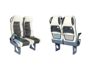 Assento de veículo comercial de microônibus com descanso de braço, bandeja de alimentos, revista, alça traseira com alça
