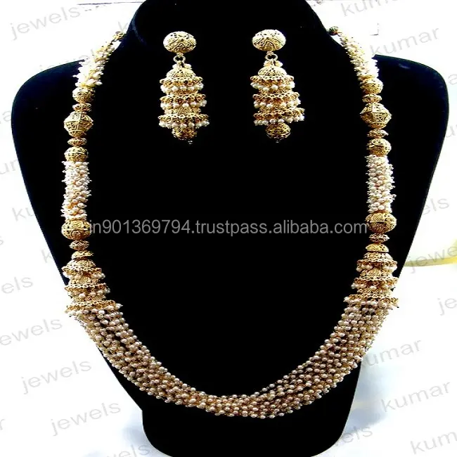 Long Rani Haar Sleek Simple Pearl Beaded 22kt Gold Polished Indian Traditional Antique Golden Artificial 2020 Necklace Set