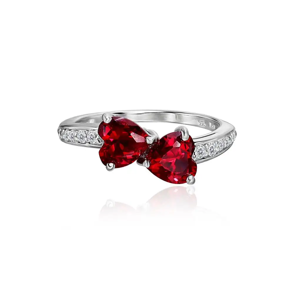 925 Sterling Silver Created Ruby and White Topaz Double Heart Engagement Ring