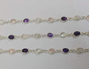 <b>Moonstone</b>, Amethyst and Rose Quartz Oval 8x10mm Bezel Station Gemstone Connector Chain - Silver Plated Chain for <b>Necklace</b> - Product Image 2