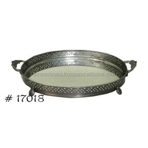 Bandeja de servicio decorativa de espejo antiguo redondo de metal, vajilla de metal de color con forma de tamaño personalizado - Product Image 1
