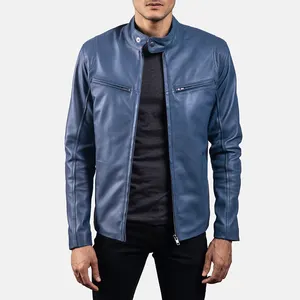 Wholesale Men's New Fashionable Design Blue Leather Biker Jacket With Top Quality Material