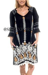 Femmes Boho jardin Antique soleil robe mi-longue 3/4 bulle manches Pom Pom garniture col en v dentelle décoration 6XL plage fêtes tenue décontracté - Product Image 3