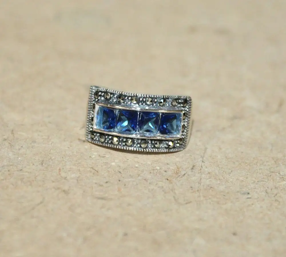 Blue Topaz ring sterling silver marcasite gemstone ring jewelry