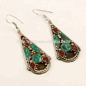 Fabricación de joyería turquesa Coral pendientes de piedras preciosas tibetana pendientes nepalí de la joyería - Product Image 1