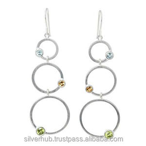 Round Shape Natural Peridot Amethyst Blue Topaz Gemstone 925 Sterling <b>Silver</b> <b>Earring</b> <b>Drop</b> & Dangle <b>Earrings</b> Jewelry for Women - Product Image 1