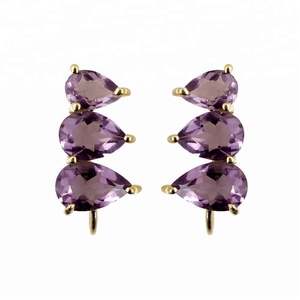 Violet Améthyste Gemstone Poire Forme Plaqué Or Femmes Dangle Boucles D'oreilles Prong Ensemble Bijoux pour Filles - Product Image 1