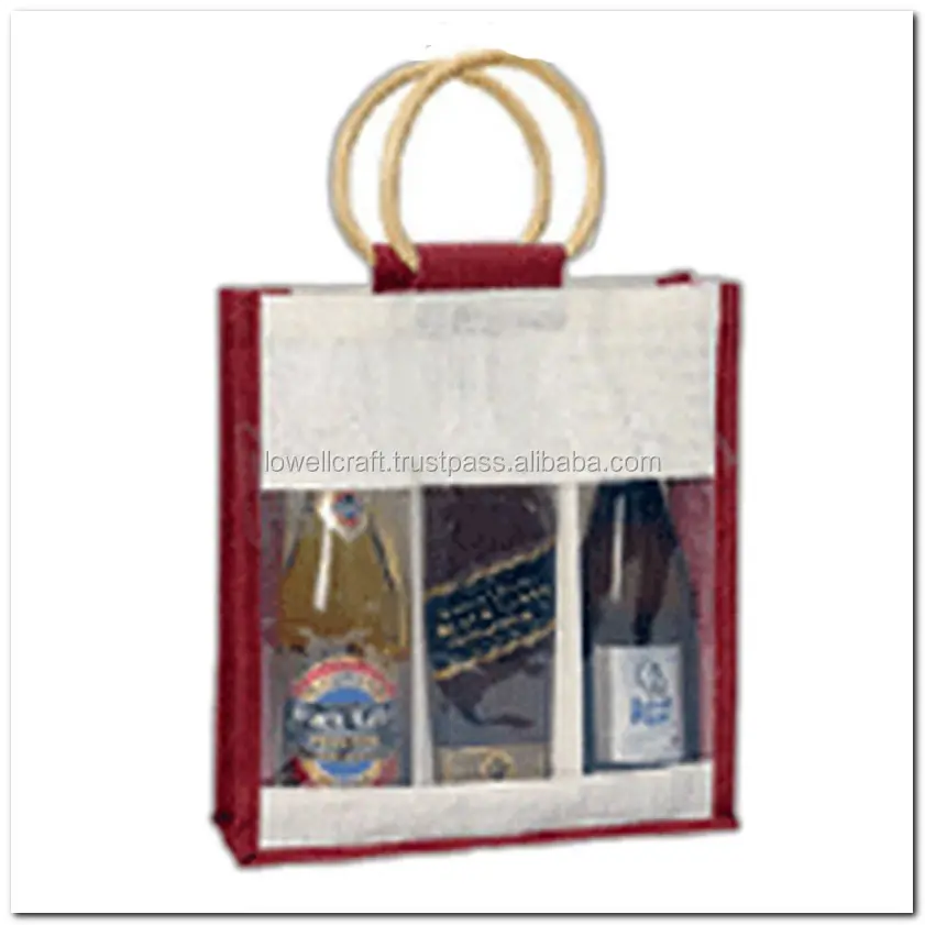 3 bottles wood handle Jute/Burlap wine bag with clear window