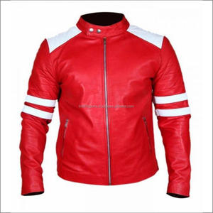 Chaqueta de Motociclista de Cuero Sintético con Rayas Rojas y Blancas Estilo Brad Pitt de Fight Club - Product Image 1