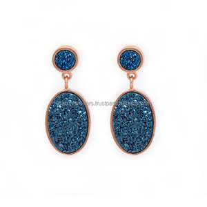 Blue Druzy Gemstone <b>Earrings</b> Vermeil Gold 925 Sterling <b>Silver</b> Handmade <b>Drop</b> Design for Weddings Parties or Gifts - Product Image 2