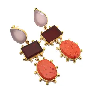 Покрытыем цвета чистого 24 каратного золота розового халцедона оникс бирюзовые серьги оптовая продажа серьги ювелирных изделий Индии разноцветный камень традиционный крой серьги подарок