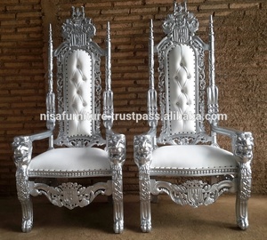 King Lion Head Luxury High <b>Back</b> Leather Throne <b>Chair</b> French Fabric Tufted Furniture Wood Carving Silver Finish for Traditional - Product Image 3