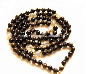 Collar Mala Unisex con Cuentas de Labradorita Dorada y Obsidiana de 6mm, 108 Cuentas, Estilo Religioso Hindú, para Fiestas o Regalos - Product Image 3