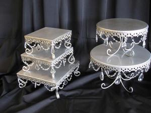 Handmade Eco-Friendly <b>White</b> Metal Wedding <b>Cake</b> <b>Stand</b> with Hanging Crystals for Home Kitchen Use - Product Image 2