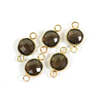 Emas Coklat Smoky Quartz 10 MM Putaran Bezel Konektor Ganda Bail Loop Perhiasan Liontin & Pesona