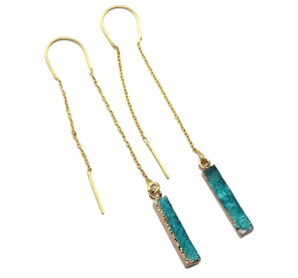 Natural green druzy agate gemstone earrings bar shape threader chain earrings light weight electroplated edged handmade drops