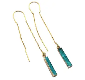 Natural green druzy agate gemstone earrings bar shape threader chain earrings light weight electroplated edged handmade drops