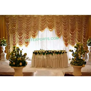 婚礼接待舞台背景白色和金色婚礼Mandap Lehriya背景婚礼背景窗帘制造商
