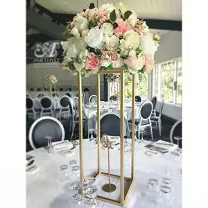 Золотая металлическая подставка для цветов для свадебного стола, центральные части, прямоугольная Свадебная подставка для цветов для цветочной композиции, украшение для цветов