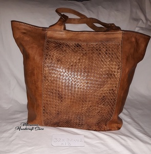 Women's Dual Genuine Leather Cotton Tote Bag Moroccan Style Vintage Casual Geometric Pattern Lock Closure <b>Button</b> <b>Cover</b> Handbags - Product Image 1