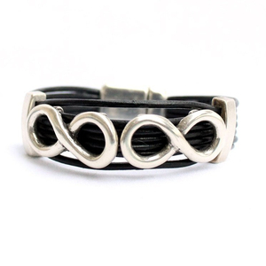 Double infinity bracelet for <b>men</b>, for women, leather and silver plated - Product Image 1