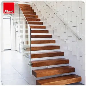 Contemporary Floating Staircase with Wood Tread Invisible Stringer Straight Stairs Modern Home Use Floating Stairs Indoor Alland