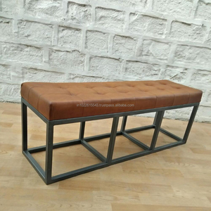 Banco industrial de piel auténtica, Banco de hierro y cuero Vintage - Product Image 1