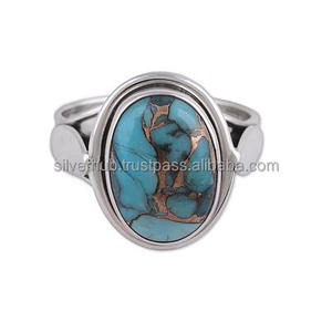 Qualité supérieure solide 925 argent Sterling naturel forme ovale lunette bleu cuivre Turquoise Vintage Fine bague faite à la main pour les femmes - Product Image 1
