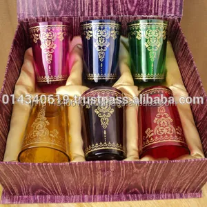 Taza de Vidrio Marroquí con Caja de Color, Multicolor con Impresión Dorada, Vidrio de Alta Calidad, Artículos para Beber - Product Image 1