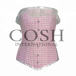 COSH CORSET Overbust Steelboned Digital Printed Sublimated Check Print Cotton Corset With White Net Frill Sexy Women Corset Top