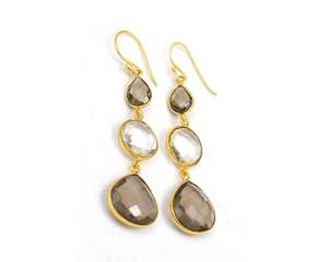 Cuarzo ahumado y cristal de cuarzo Multi piedra preciosa colgante CZ hecho a mano chapado en oro facetado driblet piedra pendientes - Product Image 3