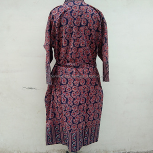 บล็อกมือหรูหราพิมพ์ผ้าฝ้ายนอนยาวคืนสวมชุดกิโมโนพร้อมตัวปิดเข็มขัดและกระเป๋า, เสื้อคลุมอาบน้ํายาวพิมพ์ลายดอกไม้ - Product Image 3