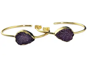 Indian wholesaler natural purple druzy gemstone hoop earring pear bezel setting brass gold plated hoop earring handmade earring