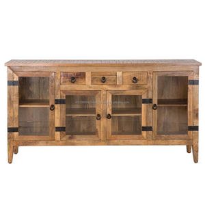 Armario de almacenamiento Industrial rústico, mueble de comedor, tres cajones, cuatro puertas de vidrio, aparador de Buffet - Product Image 1