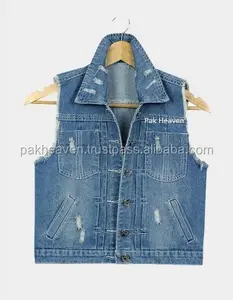 Klasik Satu Tampilan Lubang Kustom Ukuran 8 Abu-abu Denim Jeans Rompi Sisi Renda Kulit Potong Rompi Denim