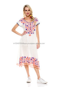 Élégant bohème femmes robe de plage Aari broderie passionnant coloré dentelle décoration large décolleté manches courtes brillant gland - Product Image 3