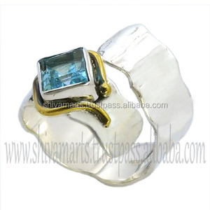 Nuevo diseño 925 plata esterlina dos tonos cuarzo azul anillo de piedras preciosas indio hecho a mano joyería de plata regalo eternidad anillos Vermeil - Product Image 2