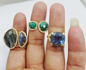 Green <b>Emerald</b> Gold Plated Pave CZ Set <b>Ring</b> - 2 Stone Adjustable Size <b>Ring</b> - Product Image 2