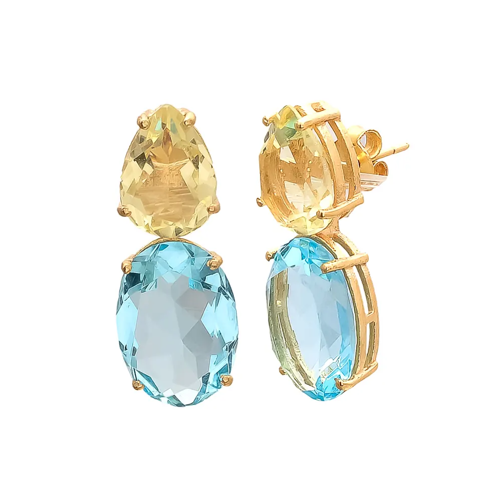 Bông Tai Bạc Sterling 925 Bông Tai Làm Bằng Tay Blue Topaz Hydro & Citrine Hydro