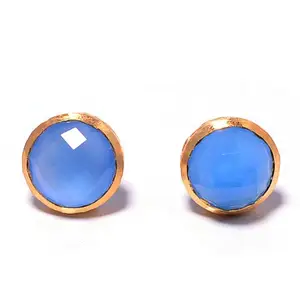 Pendientes de Calcedonia azul, tachuelas de piedras preciosas hechas a mano, aretes de piedras preciosas