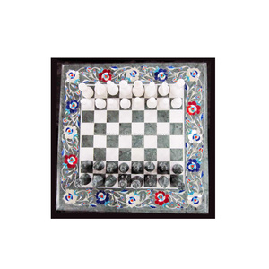 Table à manger en marbre blanc avec incrustation de design d'échecs, fournisseur indien, design moderne unique, finition de haute qualité, polie - Product Image 1