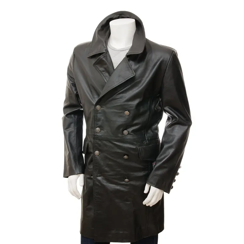 MenのBlack Leather Greatcoat / Long Trench Men Black Leather Latest Fashion Coat
