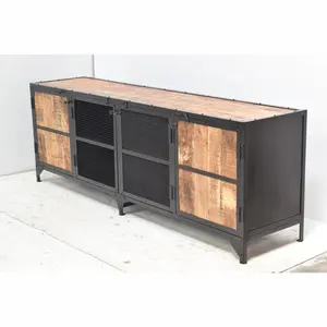 复古工业外观电视低板储物经典木制铁柜，带门和抽屉，适用于家庭客厅