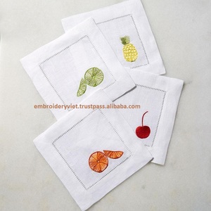 Serviettes de cocktail en lin brodé 15x15 cm couleur blanc - Product Image 1