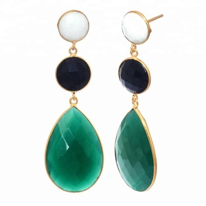 925 Sterling Silver Drop <b>Earrings</b> Gold Plated Natural Black Green <b>Onyx</b> Gemstones Classic Trendy Wedding Cocktail Parties Jewelry - Product Image 2