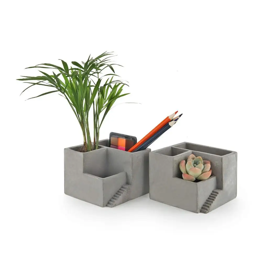 Cemento suculenta olla de 2 pequeños de concreto con 3 compartimentos de maceta de flores contenedor organizador de escritorio hierba Cactus pluma