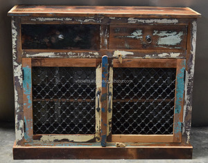 Mueble de Almacenamiento Estilo Étnico Indio Antiguo de Madera Reciclada con Puerta de Jali de Hierro para Cocina, Oficina, Sala de Estar, Aparador - Product Image 4